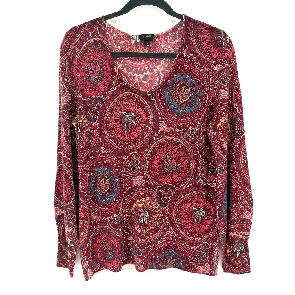 Talbots Sweater Top Paisley Medallion M Red Merino Wool  Long Sleeve Boho